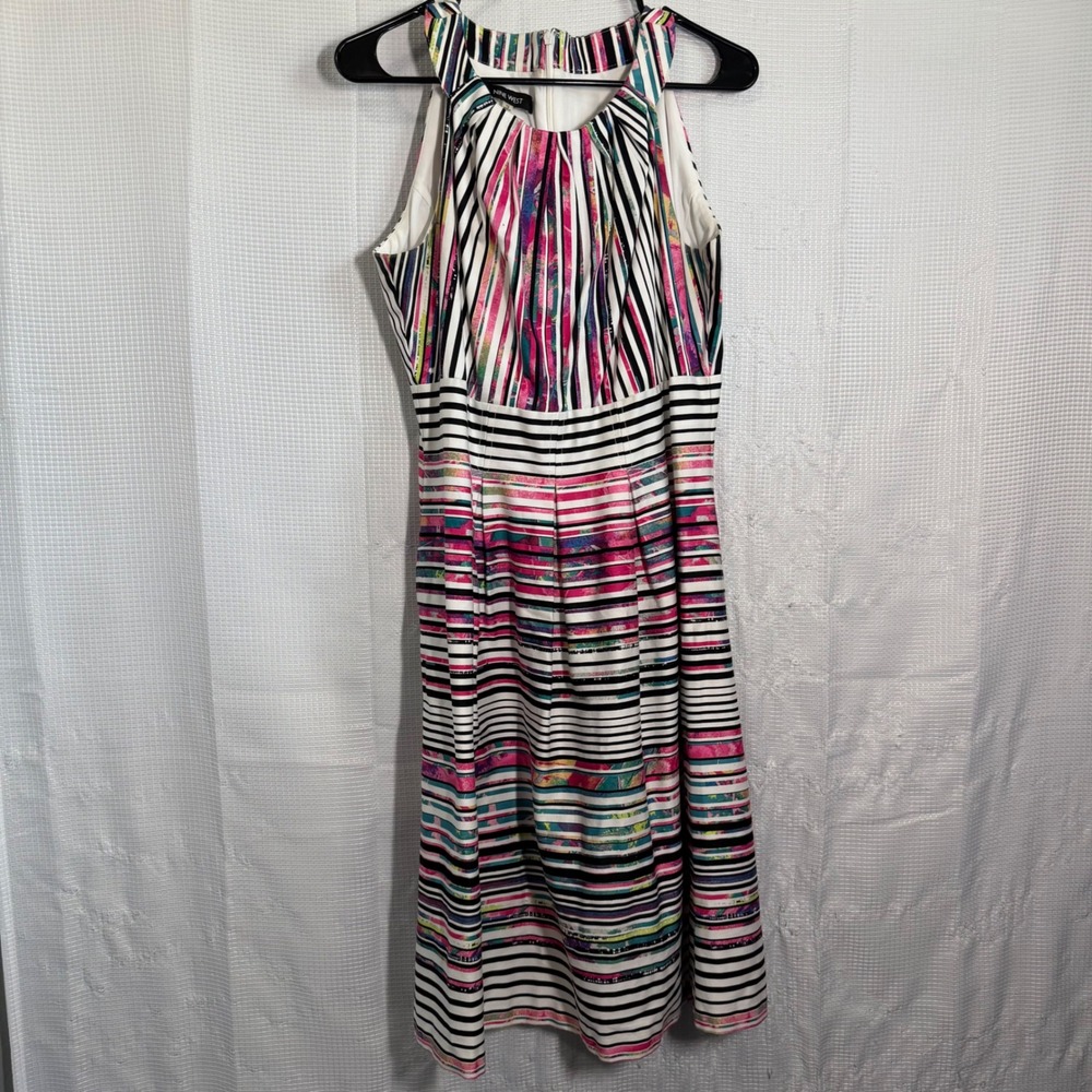 Nine West Dress Cotton Striped Floral Halter Fit Flare Pleated Midi 12